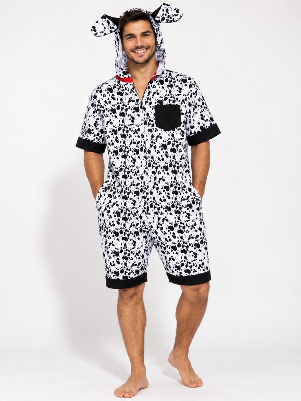 Leg Avenue Men’s Dalmatian Dog Costume Hooded Jumpsuit Romper Black White XL Hal
